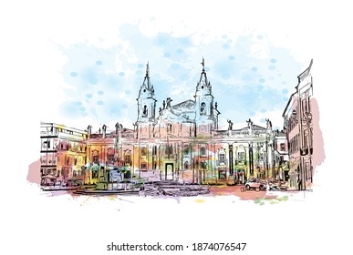 Building view with landmark of Braga is the city of Portugal. Watercolour splash with hand drawn sketch illustration in vector.