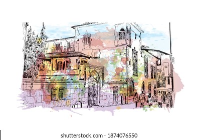 Building view with landmark of Braga is the city of Portugal. Watercolour splash with hand drawn sketch illustration in vector.