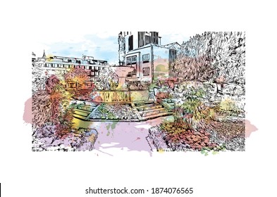 Building view with landmark of Braga is the city of Portugal. Watercolour splash with hand drawn sketch illustration in vector.