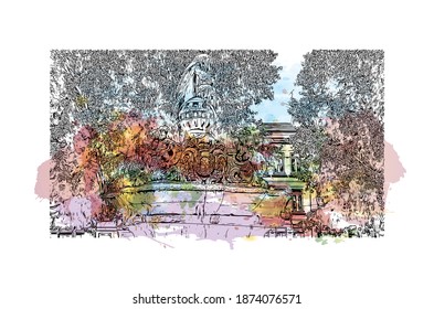 Building view with landmark of Braga is the city of Portugal. Watercolour splash with hand drawn sketch illustration in vector.