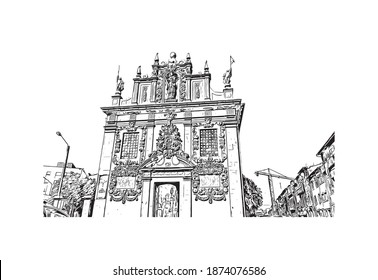 Building view with landmark of Braga is the city of Portugal. Hand drawn sketch illustration in vector.