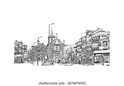 Building view with landmark of Braga is the city of Portugal. Hand drawn sketch illustration in vector.