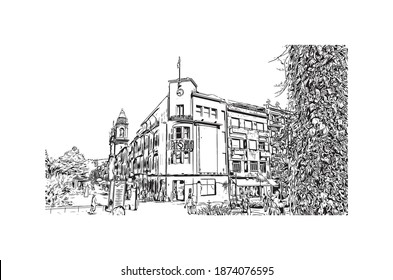 Building view with landmark of Braga is the city of Portugal. Hand drawn sketch illustration in vector.