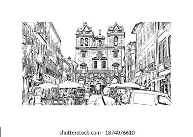 Building view with landmark of Braga is the city of Portugal. Hand drawn sketch illustration in vector.