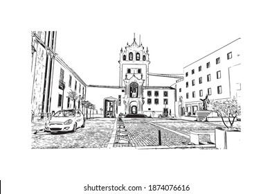 Building view with landmark of Braga is the city of Portugal. Hand drawn sketch illustration in vector.