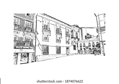 Building view with landmark of Braga is the city of Portugal. Hand drawn sketch illustration in vector.