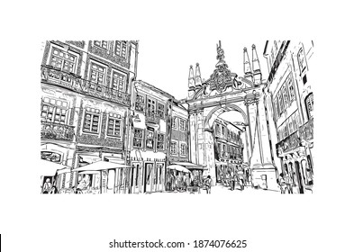 Building view with landmark of Braga is the city of Portugal. Hand drawn sketch illustration in vector.