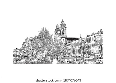 Building view with landmark of Braga is the city of Portugal. Hand drawn sketch illustration in vector.