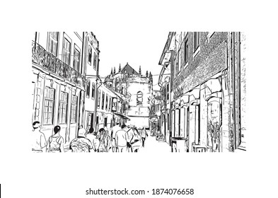 Building view with landmark of Braga is the city of Portugal. Hand drawn sketch illustration in vector.