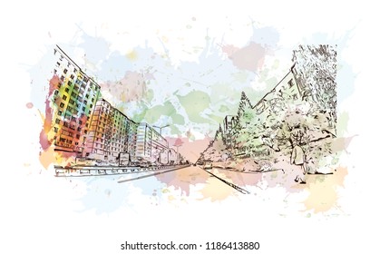 Building view with landmark of Brasov is a city in the Transylvania region of Romania. Watercolor splash with Hand drawn sketch illustration in vector.