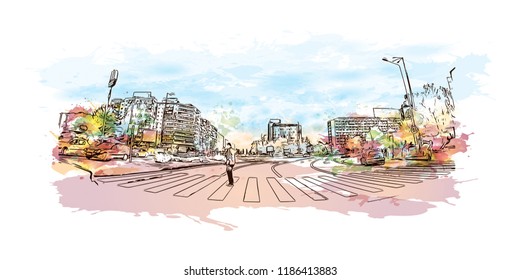 Building view with landmark of Brasov is a city in the Transylvania region of Romania. Watercolor splash with Hand drawn sketch illustration in vector.