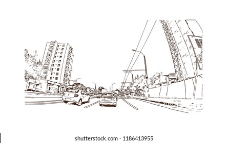Building view with landmark of Brasov is a city in the Transylvania region of Romania. Hand drawn sketch illustration in vector.