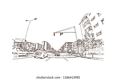 Building view with landmark of Brasov is a city in the Transylvania region of Romania. Hand drawn sketch illustration in vector.