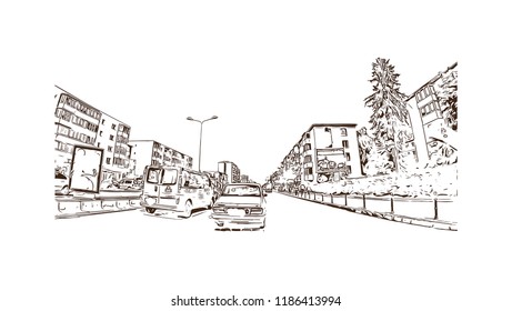 Building view with landmark of Brasov is a city in the Transylvania region of Romania. Hand drawn sketch illustration in vector.