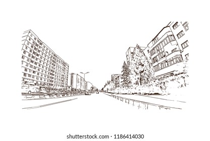 Building view with landmark of Brasov is a city in the Transylvania region of Romania. Hand drawn sketch illustration in vector.