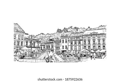 Building view with landmark of Brasov is the
city in Romania. Hand drawn sketch illustration in vector.