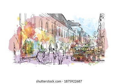 Building view with landmark of Brasov is the
city in Romania. Watercolour splash with hand drawn sketch illustration in vector.