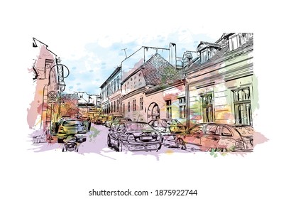 Building view with landmark of Brasov is the
city in Romania. Watercolour splash with hand drawn sketch illustration in vector.
