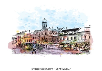 Building view with landmark of Brasov is the
city in Romania. Watercolour splash with hand drawn sketch illustration in vector.
