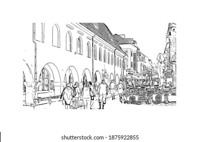 Building view with landmark of Brasov is the
city in Romania. Hand drawn sketch illustration in vector.