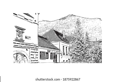 Building view with landmark of Brasov is the
city in Romania. Hand drawn sketch illustration in vector.