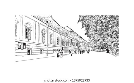 Building view with landmark of Brasov is the
city in Romania. Hand drawn sketch illustration in vector.