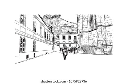 Building view with landmark of Brasov is the
city in Romania. Hand drawn sketch illustration in vector.