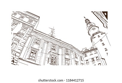 Building view with landmark of Bratislava, the capital of Slovakia. Hand drawn sketch illustration in vector.
