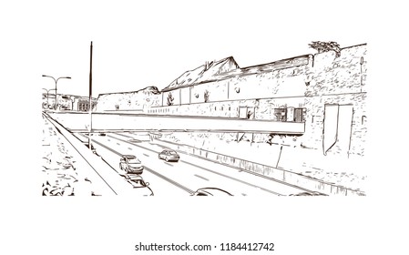 Building view with landmark of Bratislava, the capital of Slovakia. Hand drawn sketch illustration in vector.