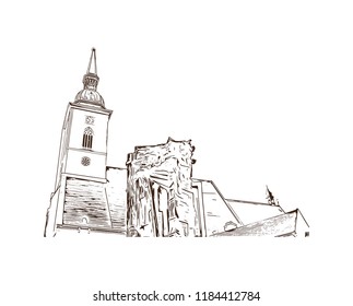 Building view with landmark of Bratislava, the capital of Slovakia. Hand drawn sketch illustration in vector.