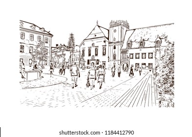 Building view with landmark of Bratislava, the capital of Slovakia. Hand drawn sketch illustration in vector.