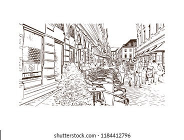 Building view with landmark of Bratislava, the capital of Slovakia. Hand drawn sketch illustration in vector.