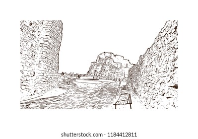 Building view with landmark of Bratislava, the capital of Slovakia. Hand drawn sketch illustration in vector.
