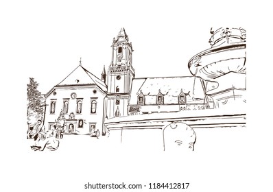 Building view with landmark of Bratislava, the capital of Slovakia. Hand drawn sketch illustration in vector.