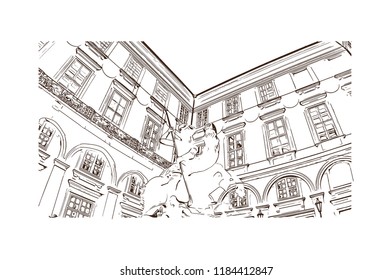 Building view with landmark of Bratislava, the capital of Slovakia. Hand drawn sketch illustration in vector.