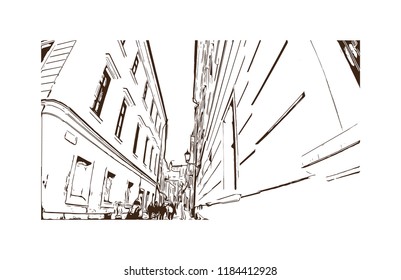 Building view with landmark of Bratislava, the capital of Slovakia. Hand drawn sketch illustration in vector.