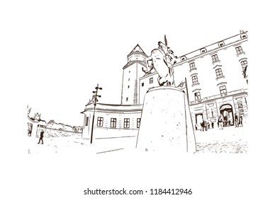 Building view with landmark of Bratislava, the capital of Slovakia. Hand drawn sketch illustration in vector.