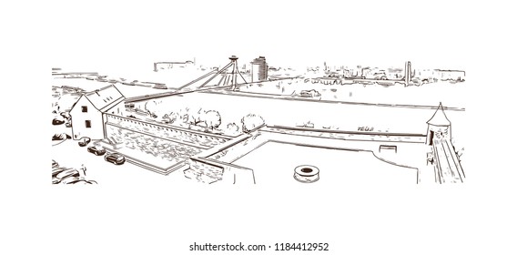 Building view with landmark of Bratislava, the capital of Slovakia. Hand drawn sketch illustration in vector.