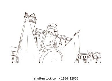 Building view with landmark of Bratislava, the capital of Slovakia. Hand drawn sketch illustration in vector.