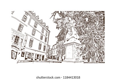 Building view with landmark of Bratislava, the capital of Slovakia. Hand drawn sketch illustration in vector.