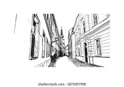 Building view with landmark of Bratislava is the capital of Slovakia. Hand drawn sketch illustration in vector.