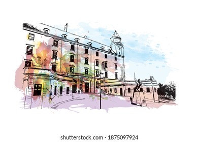 Building view with landmark of Bratislava is the capital of Slovakia. Watercolour splash with hand drawn sketch illustration in vector.