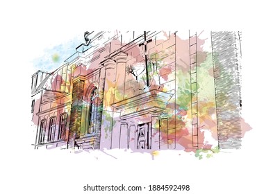 Building view with landmark of Breda is the
city in Netherlands. Watercolour splash with hand drawn sketch illustration in vector.