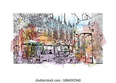 Building view with landmark of Breda is the
city in Netherlands. Watercolour splash with hand drawn sketch illustration in vector.