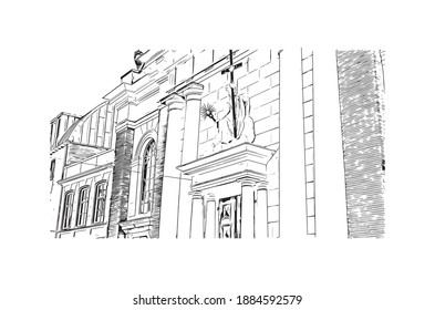 Building view with landmark of Breda is the
city in Netherlands. Hand drawn sketch illustration in vector.