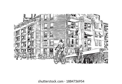 Building view with landmark of Breda is the
city in Netherlands. Hand drawn sketch illustration in vector.