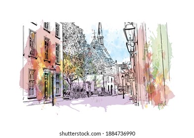 Building view with landmark of Breda is the
city in Netherlands. Watercolour splash with hand drawn sketch illustration in vector.
