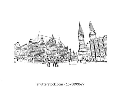 Building view with landmark of Bremen is a city straddling the Weser River in northwest Germany. Hand drawn sketch illustration in vector.