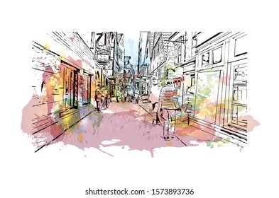 Building view with landmark of Bremen is a city straddling the Weser River in northwest Germany. Watercolor splash with Hand drawn sketch illustration in vector.