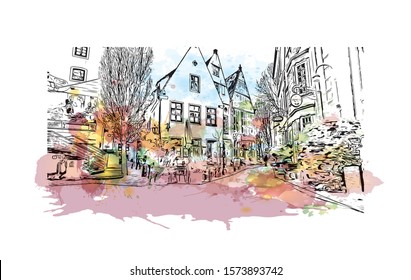 Building view with landmark of Bremen is a city straddling the Weser River in northwest Germany. Watercolor splash with Hand drawn sketch illustration in vector.